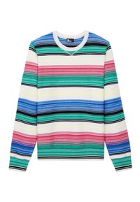 Sweter w paski w wielu kolorach, z poziomymi liniami w odcieniach niebieskiego, zielonego, różowego i żółtego na białym tle. Żebrowane mankiety i dekolt.