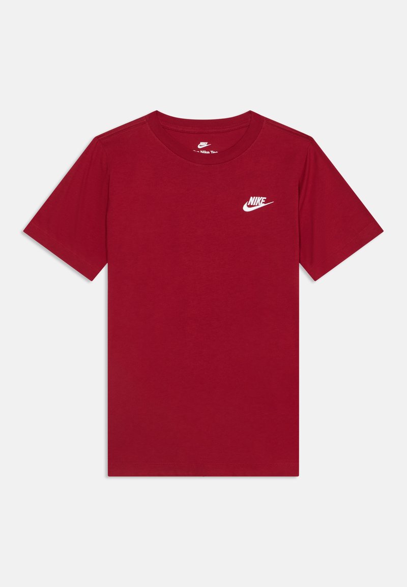 Μπλούζα Nike με κοντά μανίκια σε μπορντό χρώμα, στρογγυλή λαιμόκοψη και μικρό λευκό λογότυπο Nike στο αριστερό στήθος.