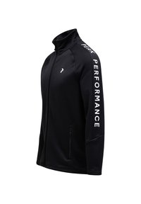 Sort lynlåsjakke lavet af glat stof, med stående krave, sidelommer og "PEAK PERFORMANCE" i hvid på ærmet.