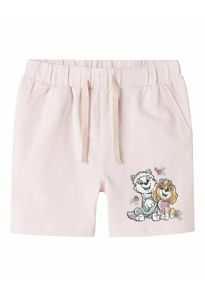 Pantaloni corti rosa in cotone con elastico in vita, dotati di cordoncino e una grafica stampata di due cani dei cartoni animati con accenti floreali.