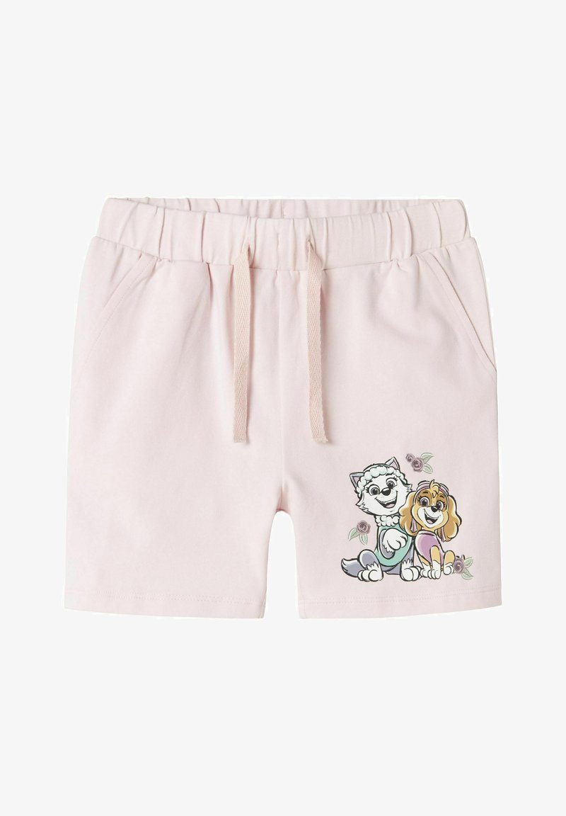 Pantaloni corti rosa in cotone con elastico in vita, dotati di cordoncino e una grafica stampata di due cani dei cartoni animati con accenti floreali.
