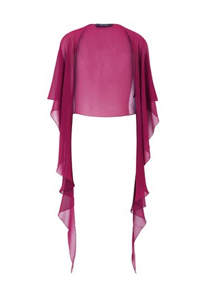 Châle léger et transparent en magenta avec des manches fluides et superposées et une ouverture sur le devant. Présente une texture douce et un tombé décontracté.