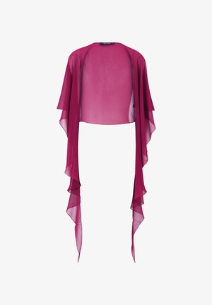 Leichter, transparenter scharlachroter Schal mit fließenden, geschichteten Ärmeln und offenem Vorderteil. Verfügt über eine weiche Textur und einen lässigen Fall.