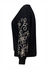 Zwarte sweatshirt met een ingewikkeld wit geborduurd bloemenontwerp op de linker mouw, geribde manchetten en onderzoom, en een klassieke ronde halslijn.