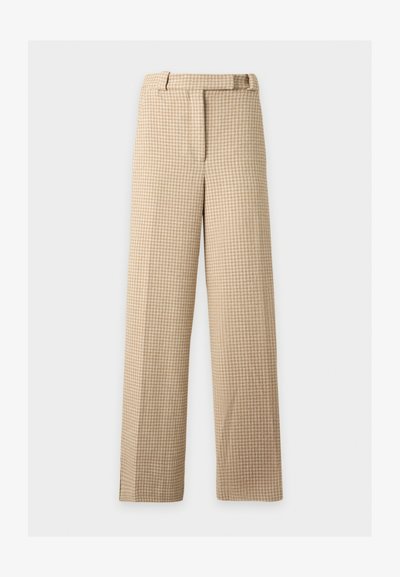 Pantalon droit à motif pied-de-poule beige et marron clair, avec passants pour ceinture et fermeture devant sur fond blanc.