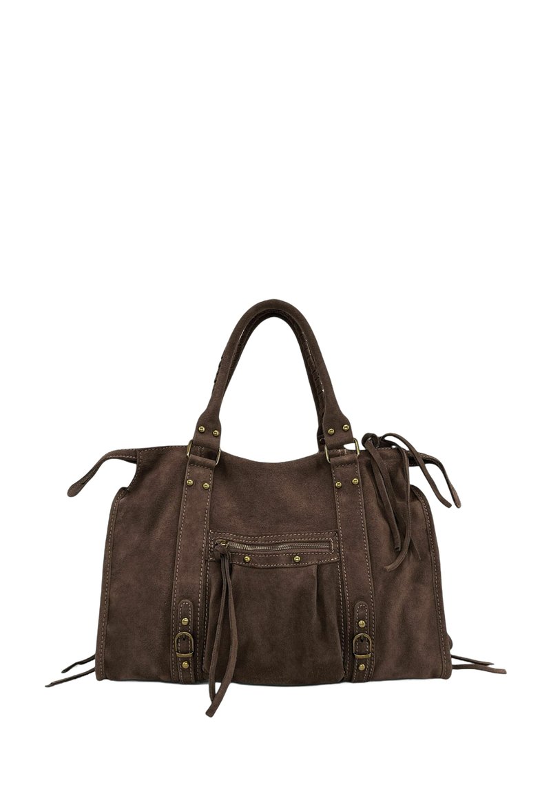 Grand sac à main en suede marron avec deux anses, poche zippée à l'avant, boucles décoratives et détails à cordon sur les côtés.