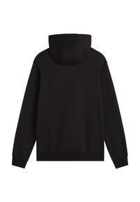 Zwarte hoodie, gemaakt van zachte stof, beschikt over een klassiek ontwerp met een relaxte pasvorm, geribde manchetten en een kangoeroezak.