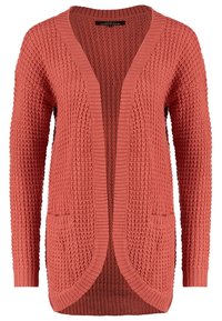 Cardigan color ruggine con apertura frontale, motivo a maglia testurizzato, due tasche frontali e polsini a coste. Maniche lunghe e vestibilità comoda.