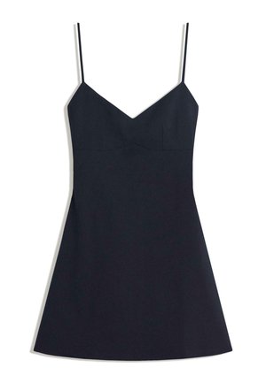 Black mini dress with thin adjustable straps, V-neckline, fitted bodice, flared skirt, and smooth fabric texture.
