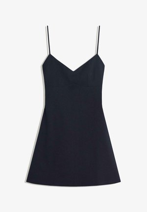 Rochie mini neagră cu bretele fine și ajustabile, decolteu în V, corset ajustat, fustă evazată și textură de țesătură netedă.