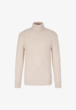 Crème-kleurige coltrui met een kabelbreipatroon en diamantmotieven, geribde manchetten en zoom. Gemaakt van een gestructureerde brei-stof.