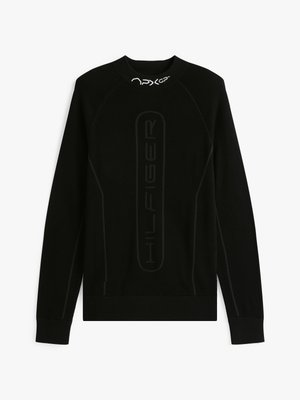 Zwarte sweatshirt met een zachte textuur, raglanmouwen en een opvallend "HILFIGER" logo. Verfraaid met een contrasterend kraagdetail.