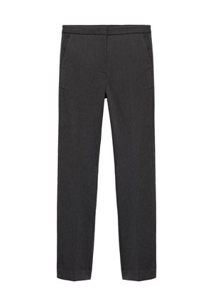 Pantaloni grigio scuro in tessuto liscio e strutturato. Le caratteristiche includono un design a gamba dritta e tasche frontali, senza chiusure visibili.