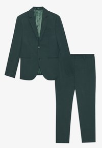 Dunkelgrüner Anzug aus einem slim-fit Blazer und passenden Hosen. Der Blazer verfügt über Reverskragen und zwei Fronttaschen; glattes Innenfutter.