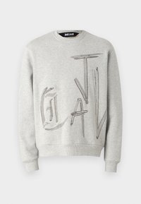 Grå sweatshirt med framträdande broderad text i svart och grått. Rund halsringning och ribbad resår vid ärmarna fullföljer den avslappnade designen.