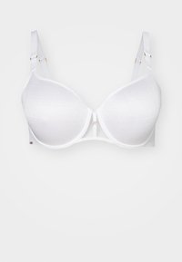 White padded bra featuring a smooth texture, adjustable straps, gold hardware accents, and a central decorative insert with mesh detail.