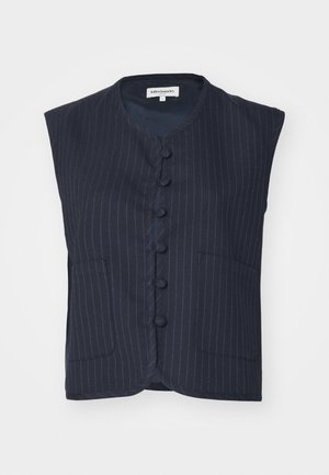 Sleeveless dark navy vest made of fabric with vertical pinstripes, featuring a v-neck, front buttons, and two front pockets.