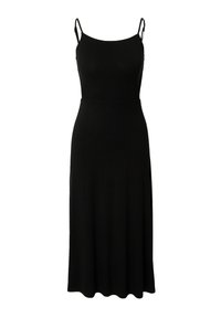 Schwarzes ärmelloses Kleid mit dünnen Trägern, figurbetontem Oberteil und fließendem Rock. Hergestellt aus glattem Stoff, mit einem einfachen, minimalistischen Design.