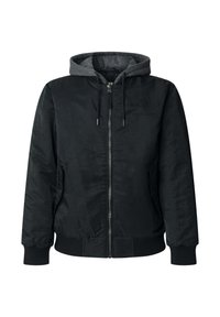 Chaqueta bomber negra con capucha gris, cremallera frontal, puños y cintura acanalados. Textura suave, diseño minimalista, marca sutil en el pecho.