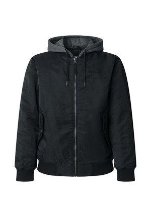 Čierna bomber bunda so sivou kapucňou, so zipsom vpredu, rebrovanými manžetami a pásom. Hladká textúra, minimalistický dizajn, jemné označenie na hrudi.