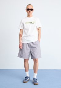 Witte t-shirt met groen "Carhartt" logo, grijs-blauwe gestreepte shorts, witte sokken en marineblauwe sneakers met witte strepen. Kale hoofd, zonnebril.