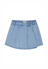 Hellblauer Jeans-Minirock mit Falten, einem frontalen Knopfverschluss und einem genähten Saum. Verfügt über ein Taillenband-Label und eine glatte Textur.