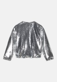 Sølvglitrende pullover med lange ærmer, rund halsudskæring, elastisk kant og blank finishing. Bagfra viser den en tæt, ensartet dækning af paletter.