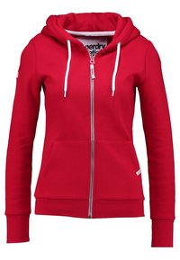 Rode hoodie met ritssluiting, gemaakt van katoenmix, met een gevoerde capuchon, witte trekkoorden, twee zakken aan de voorkant en geribbelde boorden en zoom.