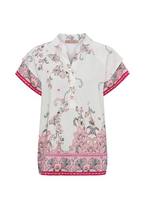 Hvid kortærmet bluse med lyserøde blomster- og paisleymønstre, kravefri halsudskæring og knapper foran.