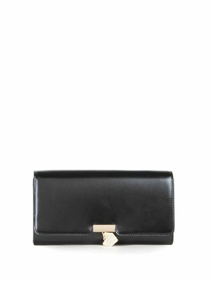 Black leather wallet with a smooth texture, featuring a gold-tone clasp with a heart-shaped accent and a simple, rectangular design.
