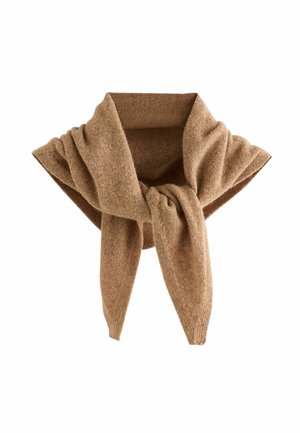 Brauner gestrickter Wollschal, gefaltet und locker zu einem Knoten gebunden, mit sichtbarer Struktur auf weißem Hintergrund.