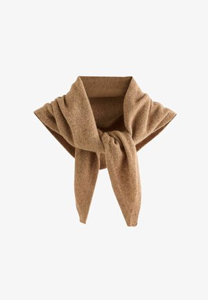 Brauner gestrickter Wollschal, gefaltet und locker zu einem Knoten gebunden, mit sichtbarer Struktur auf weißem Hintergrund.