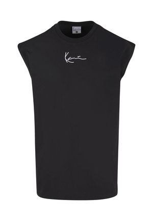 Schwarzes ärmelloses T-Shirt aus Baumwolle mit rundem Ausschnitt und weißem Signaturlogo auf der Vorderseite, glatter Textur und lässiger Passform.