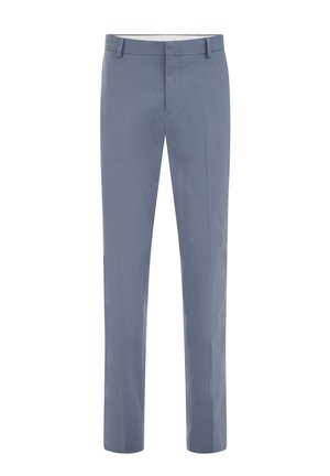 Lyseblå skræddersyede bukser med bæltestropper og lynlåslukning foran, vist mod en hvid baggrund.