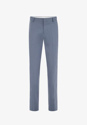 Lyseblå skræddersyede bukser med bæltestropper og lynlåslukning foran, vist mod en hvid baggrund.