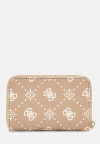 Beige Geldbörse mit Reißverschluss und weißem dekorativem Monogrammmuster sowie Rauten, aus strukturiertem Material hergestellt.