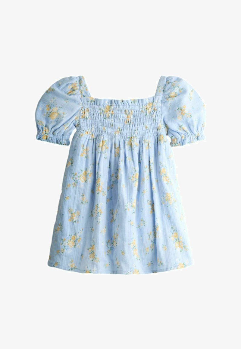 Vestido azul claro con mangas abullonadas, cuerpo fruncido y patrón floral amarillo, diseñado para un niño.