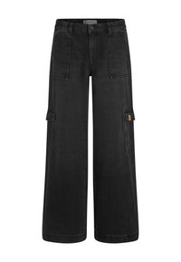 Black cargo pants with a relaxed fit, elastic waistband, multiple front pockets, and side cargo pockets. Made from durable denim material.