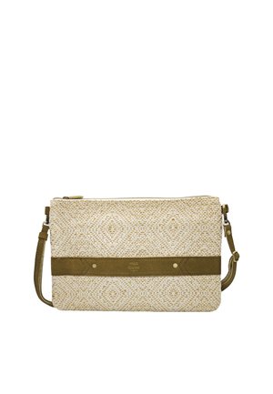 Pochette rectangulaire beige avec motif losange, sangle horizontale vert olive, clous dorés, bandoulière amovible vert olive.
