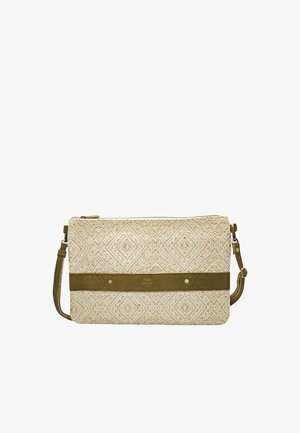Pochette rectangulaire beige avec motif losange, sangle horizontale vert olive, clous dorés, bandoulière amovible vert olive.