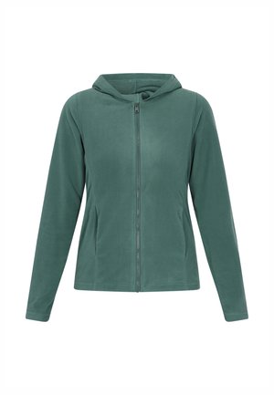 Veste à capuche en polaire de couleur verte douce, dotée d'une fermeture éclair intégrale, de manches longues et d'une texture lisse sans motifs visibles.