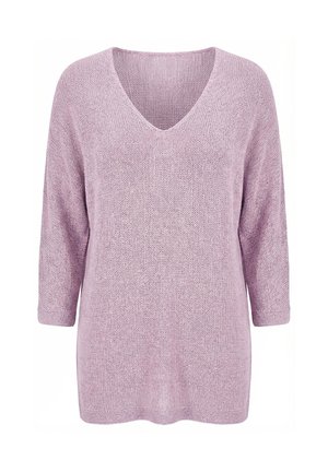 Světlofialový pletený svetr s výstřihem do V a tříčtvrtečními rukávy, s volným a pohodlným střihem.