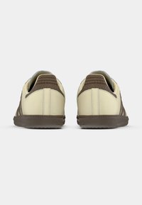 Beżowe trampki z brązowymi akcentami, posiadające gładką cholewkę, teksturowany tył oraz płaską gumową podeszwę. Projekt obejmuje subtelne boczne paski.