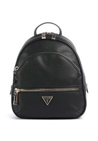 Sac à dos en cuir noir texturé avec deux compartiments zippés et logo en métal argenté Guess USA sur la poche avant.