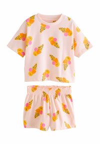 Bomull tvådelat set bestående av en kortärmad topp och shorts med elastiskt midjeband. Båda är rosa med gula glasskålesmotiv.