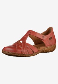 Red leather shoe with cut-out design and elastic straps, featuring a textured rubber sole and stitched detailing along the edges.