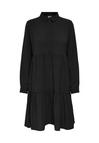 Abito lungo nero a maniche lunghe con colletto bottonato, design a strati e morbida texture, caratterizzato da una silhouette ampia e fluida.