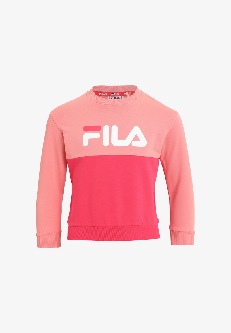 Felpa FILA in sfumature di rosa. Presenta maniche lunghe, polsini a costine e un grande logo bianco sul petto. Tessuto morbido al tatto.
