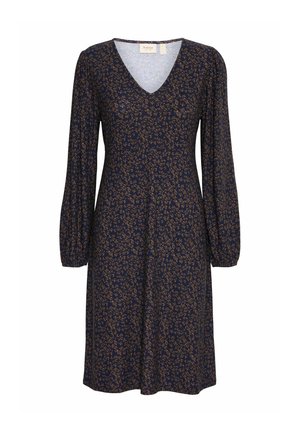 Granatowa sukienka z dekoltem w serek i długimi, bufkami. Posiada kwiatowy wzór w beżowych i brązowych odcieniach, wykonana z miękkiego, lejącego materiału.