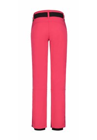 Pink ski pants with a smooth texture, elastic waistband, and zippered ankle vents featuring black accents at the waist and cuffs.
